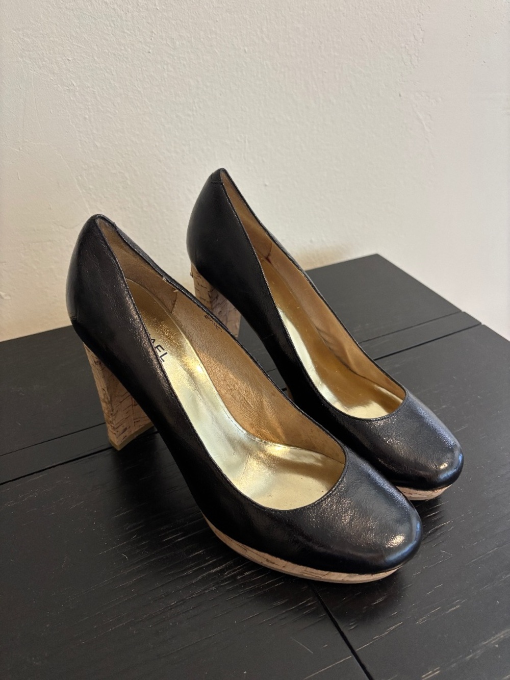 Michael Kors black patent leather pumps with cork heels, size 9